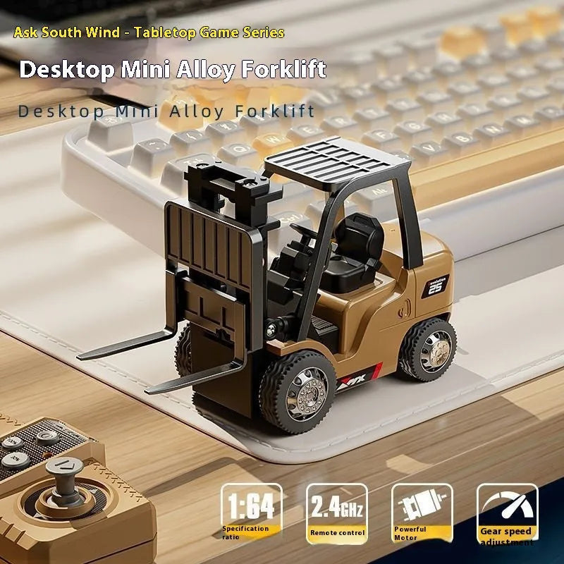 Miniature alloy remote control forklift toy with cargo hook and pallet at 1:64 scale