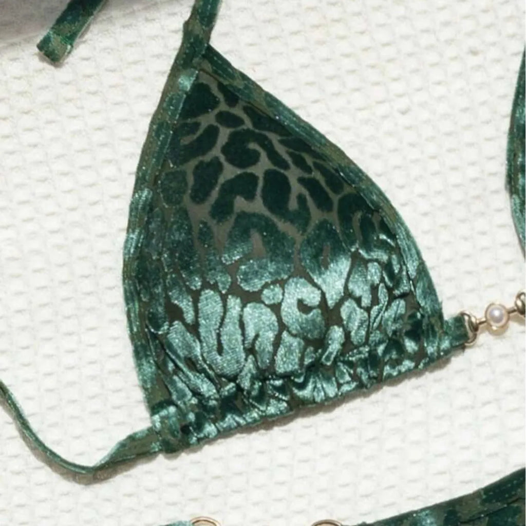 Pearl leopard print swimsuit bikini set with polyester fabric in blue and green leopard patterns