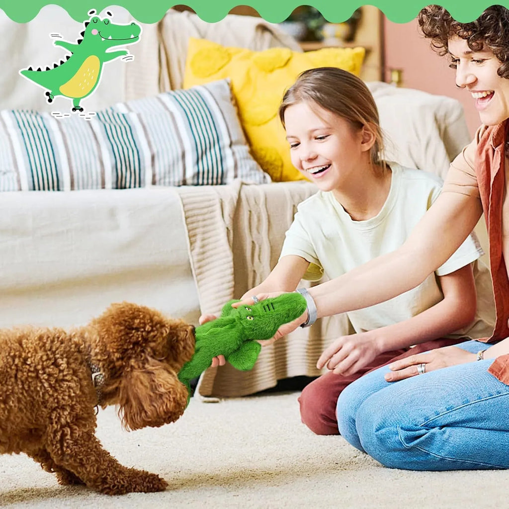 Green crocodile squeaky dog toy with no stuffing, crinkle paper tail, for aggressive chewers