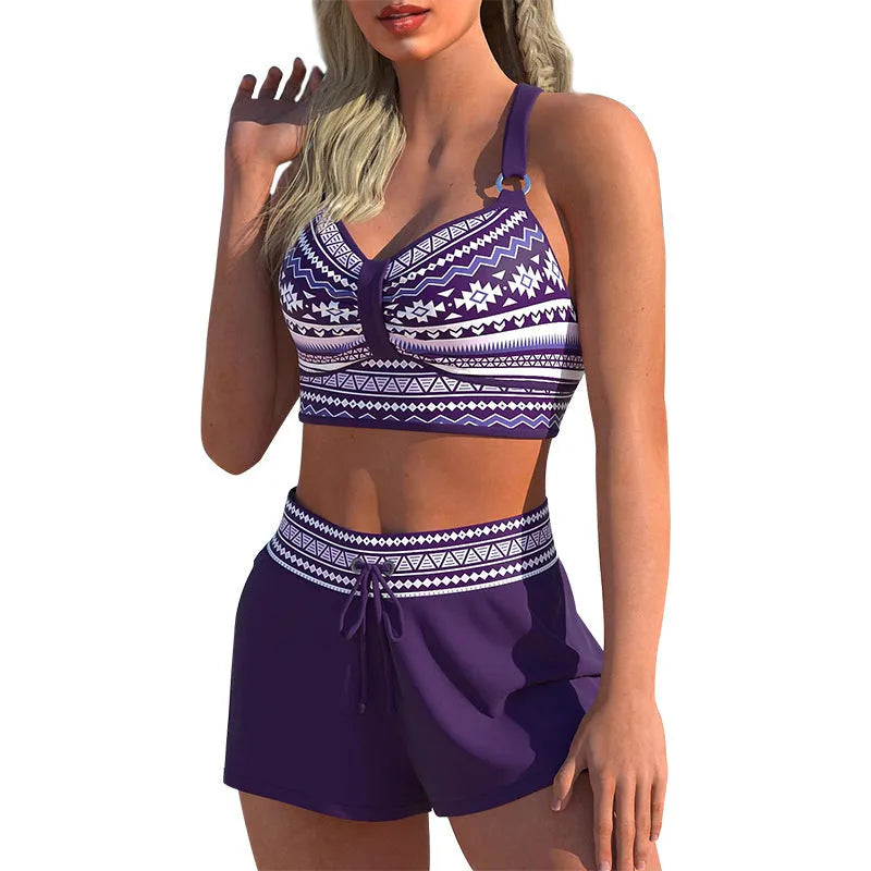 Women's navy blue and floral print two-piece polyester swimsuit bikini set for hot springs.