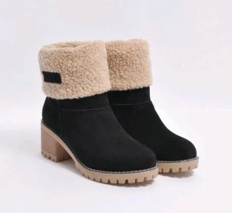 Women's suede mid-tube snow boots in various colours on a beef tendon sole with a waterproof platform.