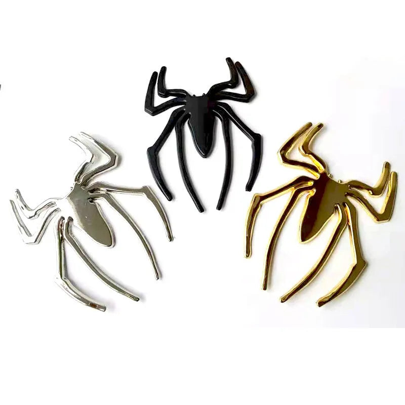 Zinc alloy 3D spider car bumper sticker in metallic finish measuring 7x5 cm