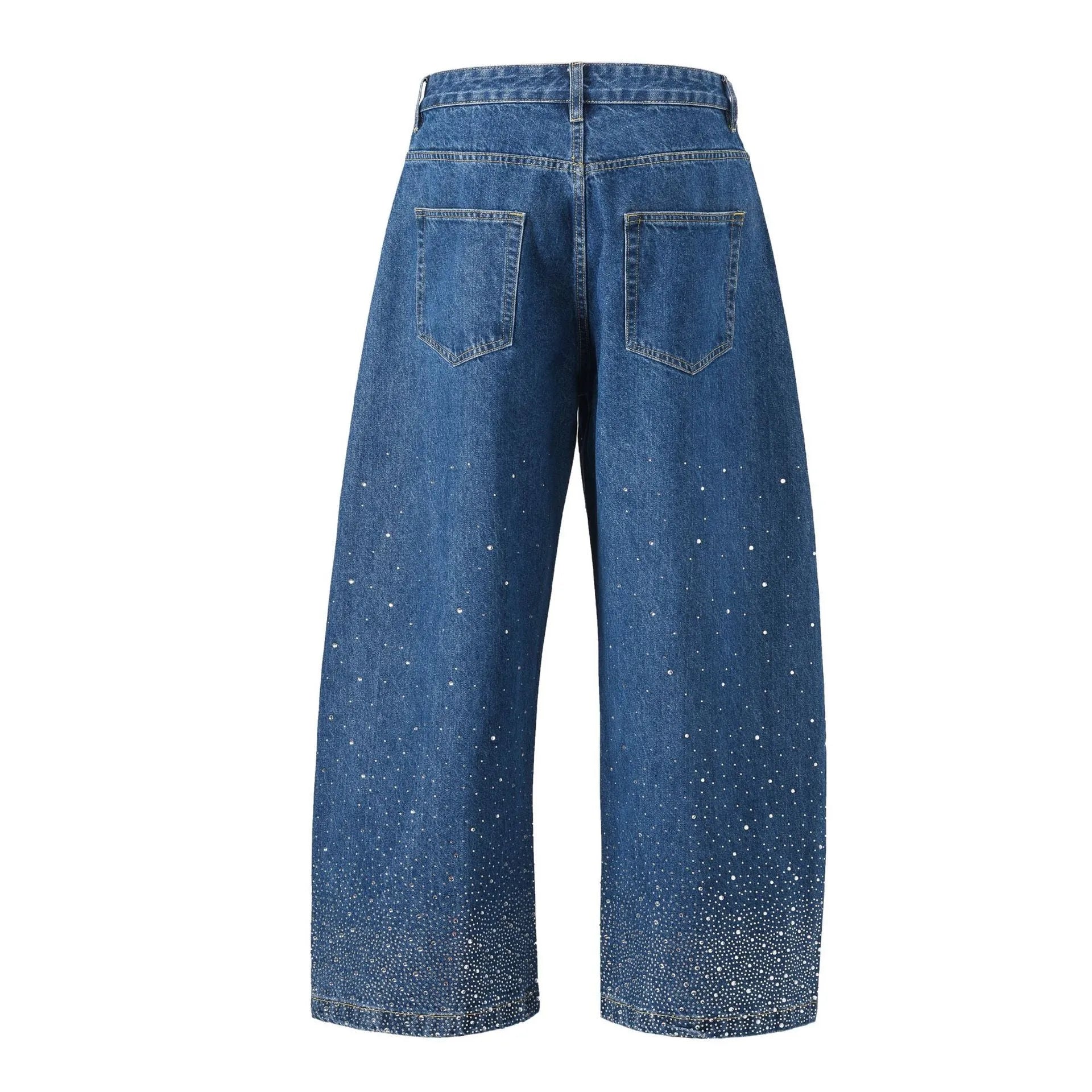 Loose-fitting wide-leg cotton trousers in blue or black, sizes 30-36, pull-on style