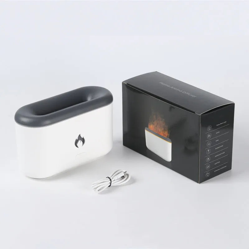 3D flame humidifier 300ml ultrasonic aroma diffuser in black with USB cable on desk