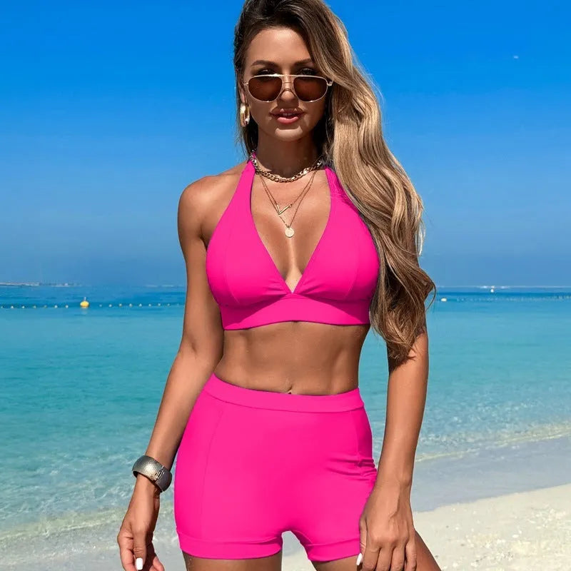 Women's sleeveless nylon bikini in black, pink, purplish blue, or sapphire blue for swimming and hot springs.