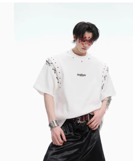Black short sleeve t-shirt with a vertical lace-up cutout detail on the front.