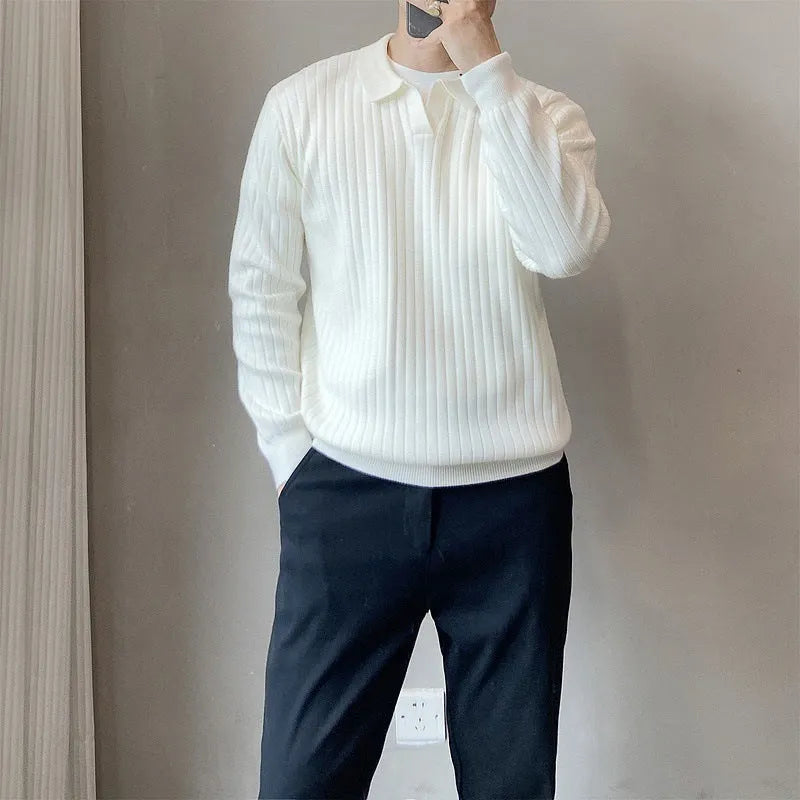 Men's loose fit knitted pullover sweater with texture lapel in light grey colour