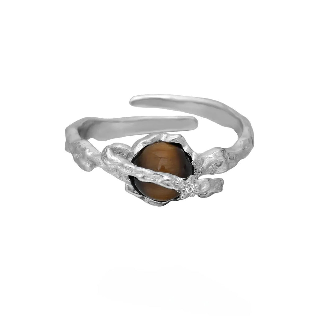 Women's adjustable open ring with Saturn motif in white gold electroplated silver