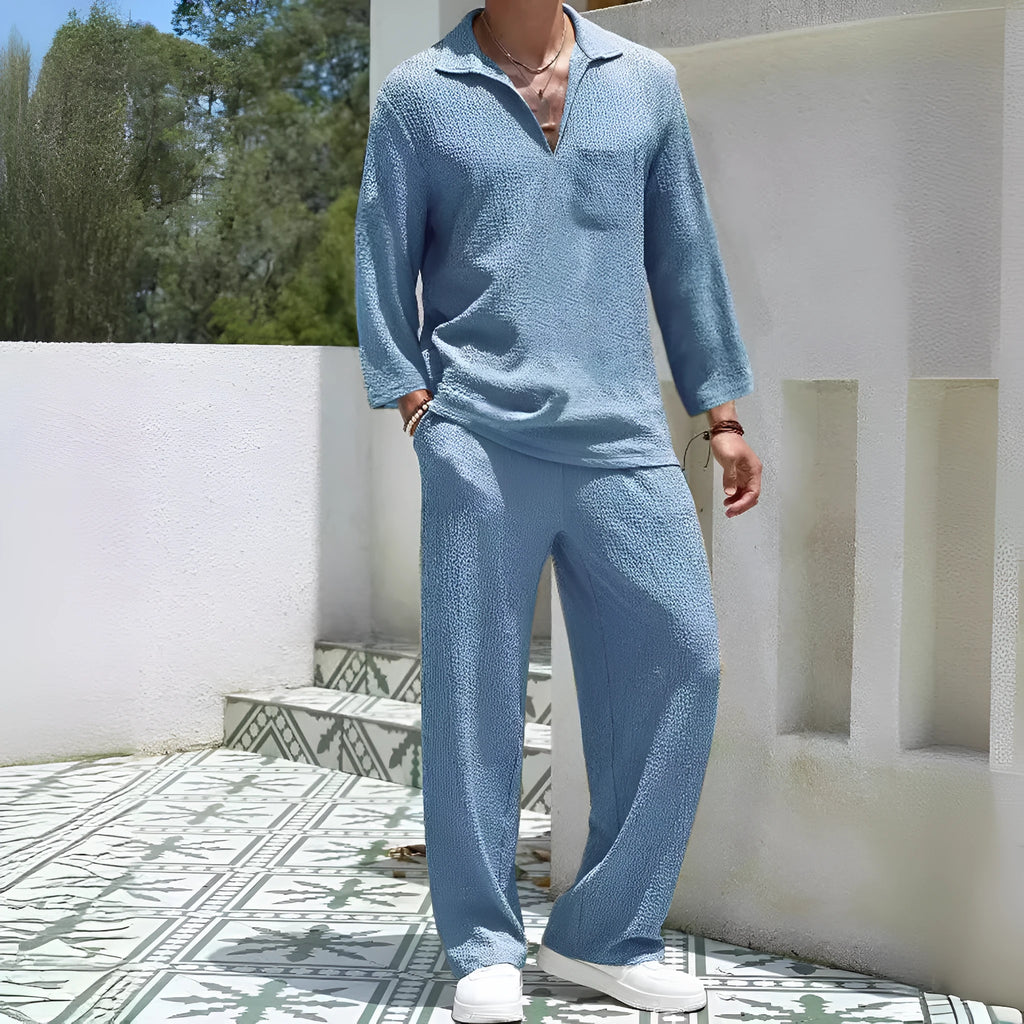 Men's casual shirt trousers suit in polyester available in lake blue, khaki, black and caramel colours