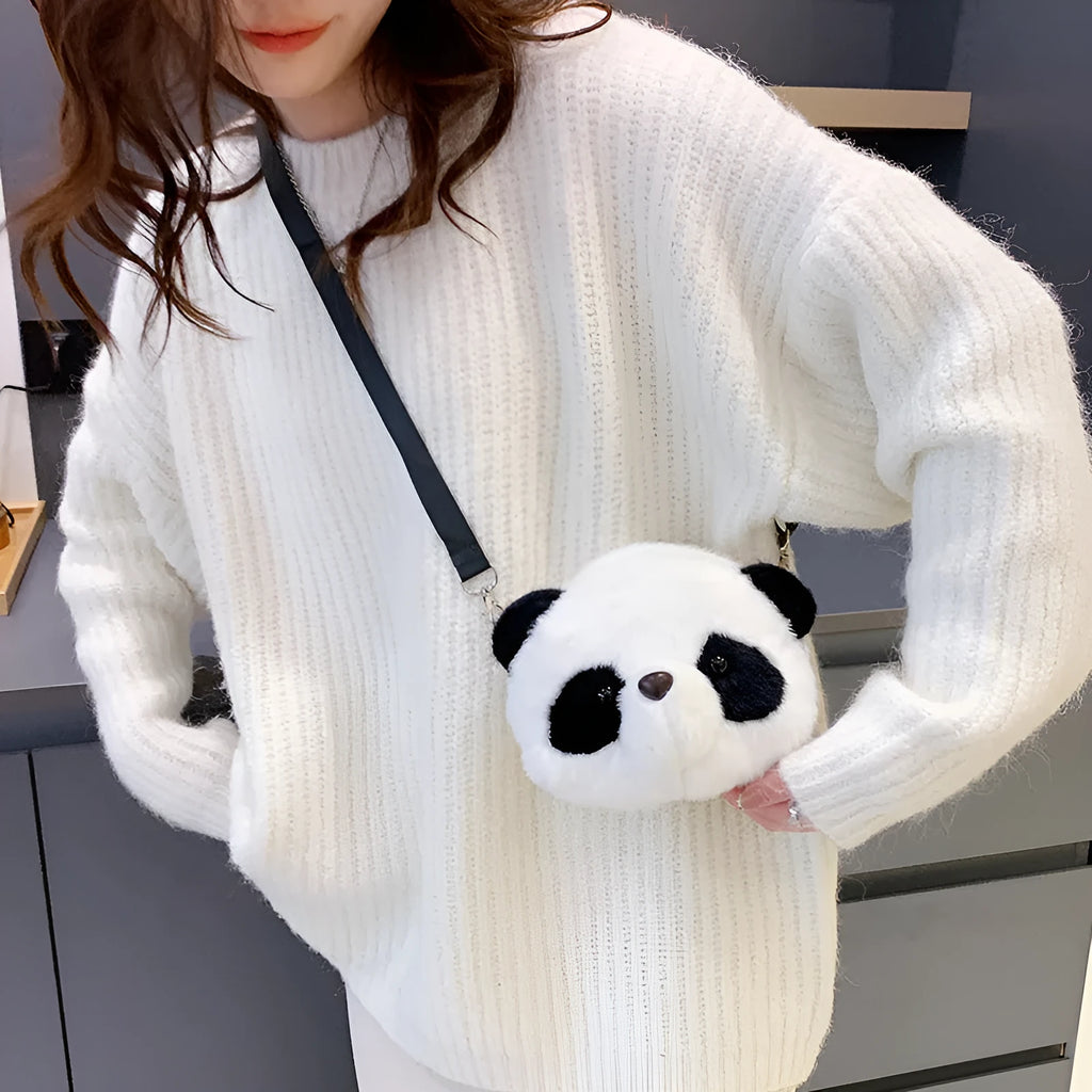 Soft plush cylindrical crossbody bag with panda head print, showing sandwich pocket