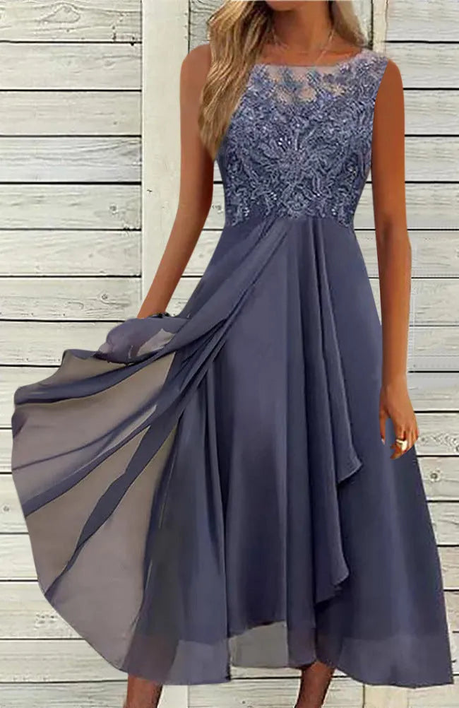 Women's sleeveless lace hollow-out chiffon dress in blue, green, or purple, mid-length skirt, princess style.