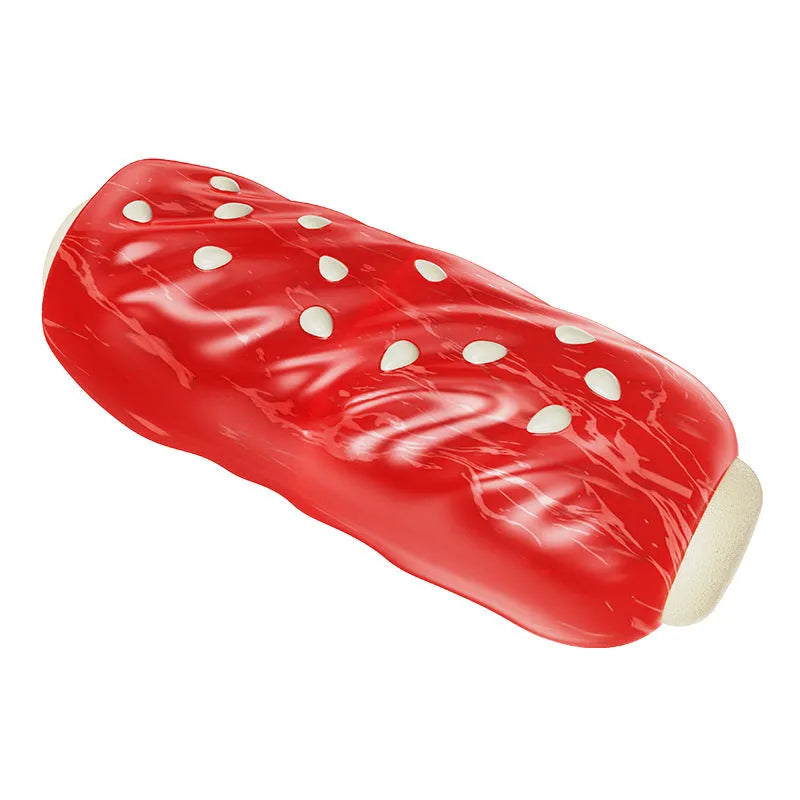 Primary colour plastic dog chew toy shaped like a toothbrush with a large molar rod.
