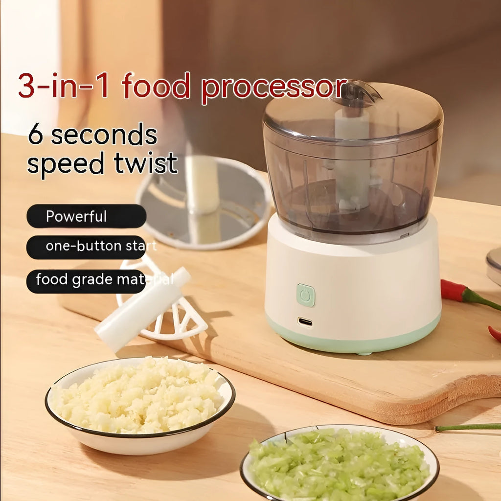 White mini electric meat grinder with transparent cup on kitchen countertop