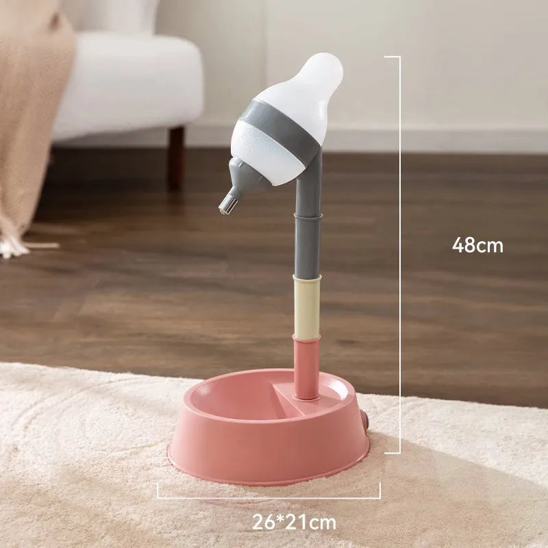 Green adjustable height pet water dispenser with detachable pole and ball-tip drinking nozzle.
