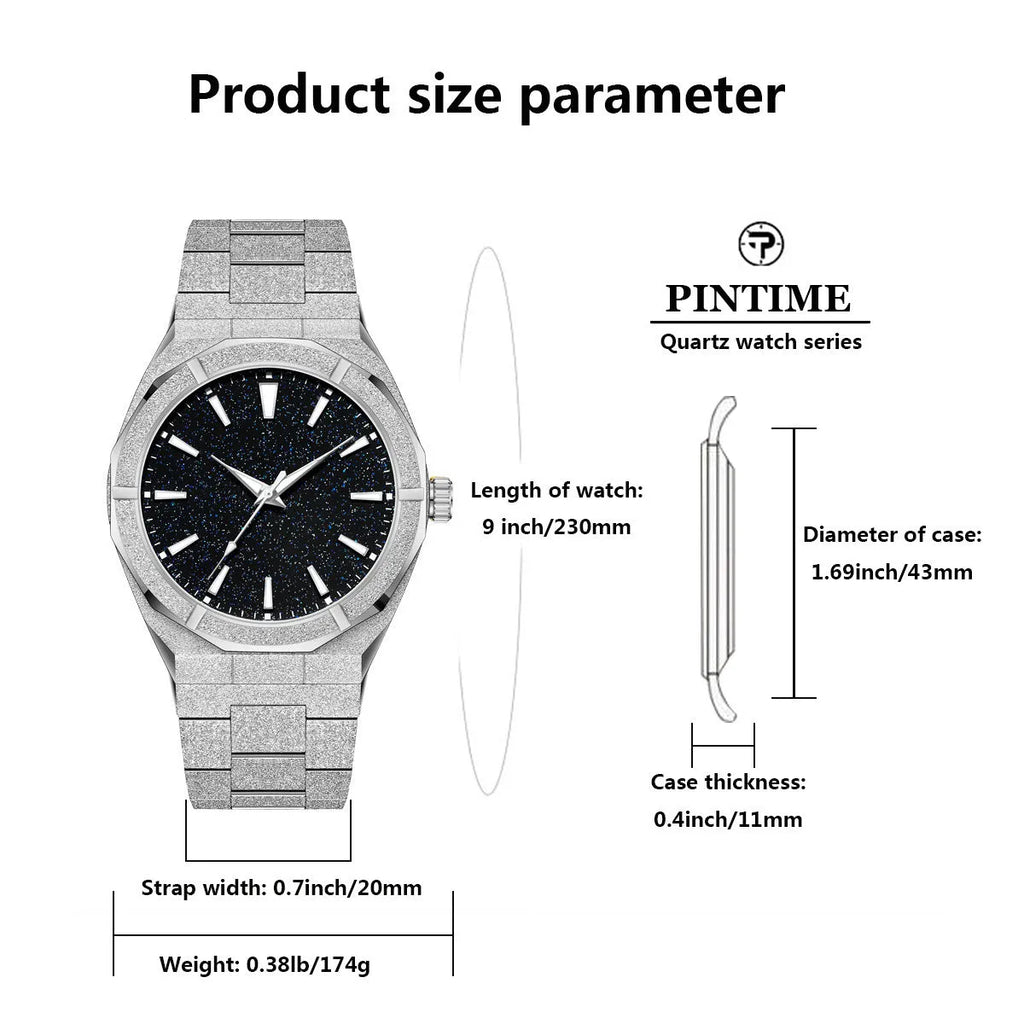 Men's stainless steel business watch with frosted case and luminous hands in silver colour
