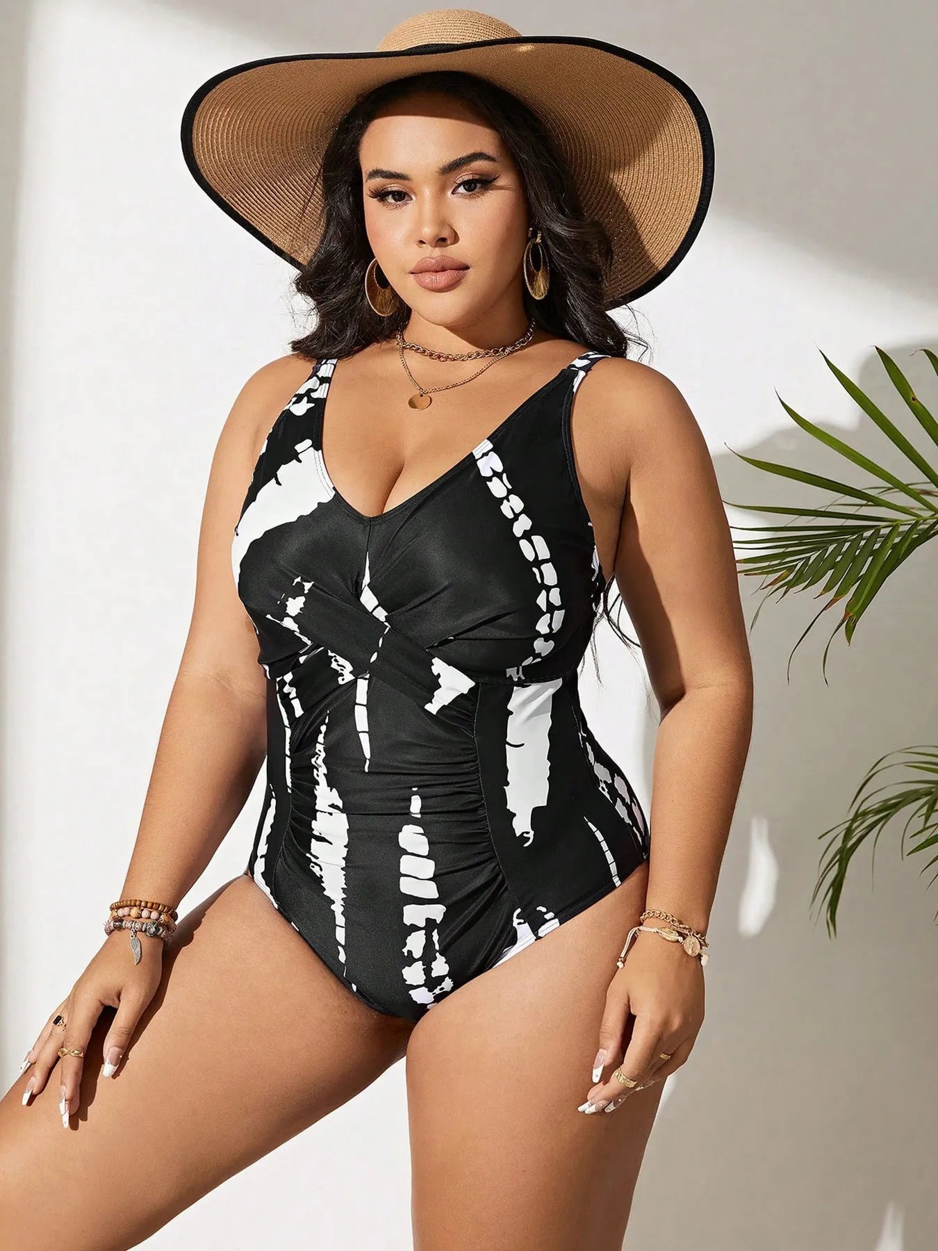 Siamese colour matching fit one-piece swimsuit in black with high elasticity fabric, sizes 0XL to 5XL