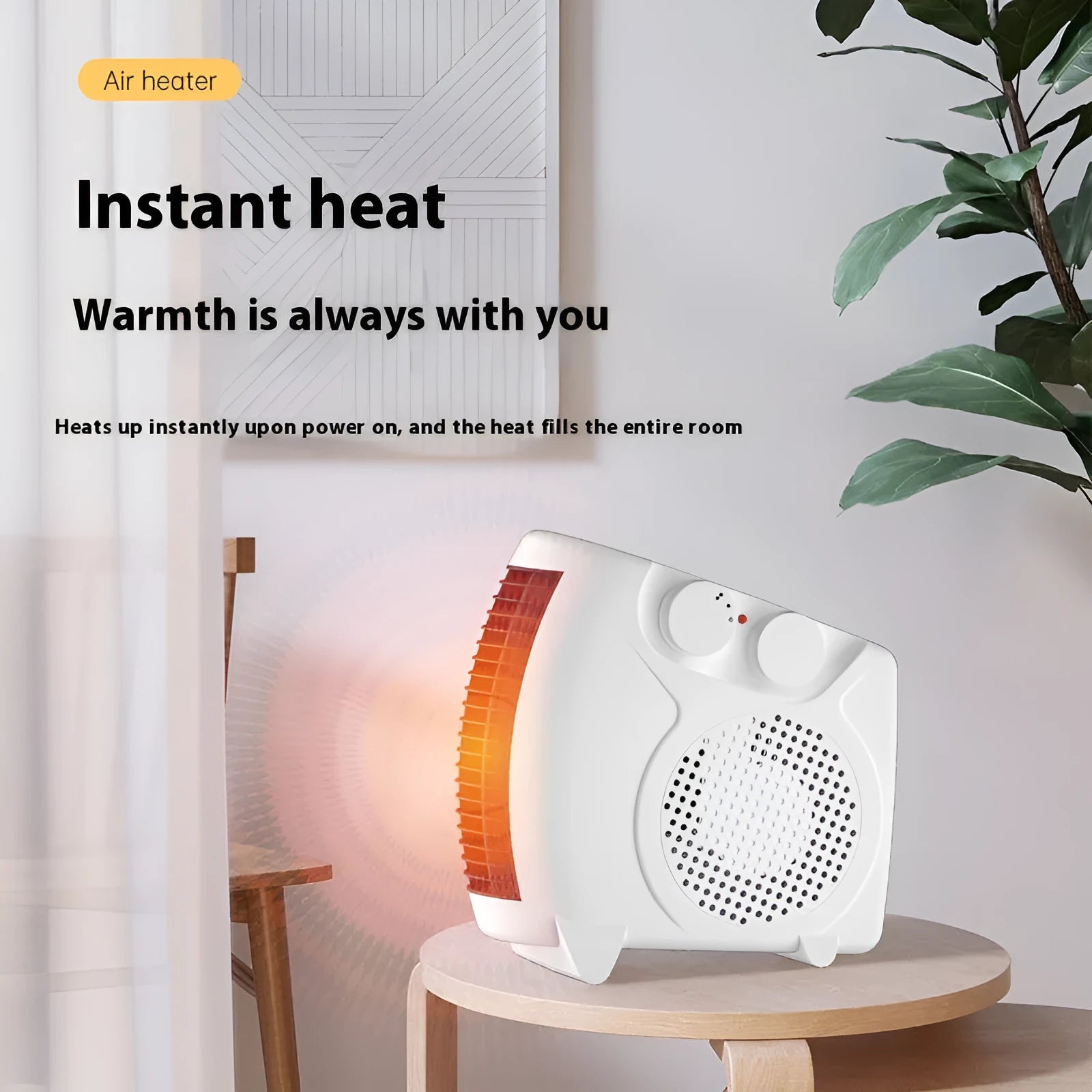 Small white desktop electric heater with power settings and compact dimensions for home office use