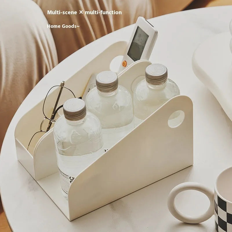 Two-layer plastic desktop storage box in milk coffee colour measuring 14.5 x 17 x 22 cm