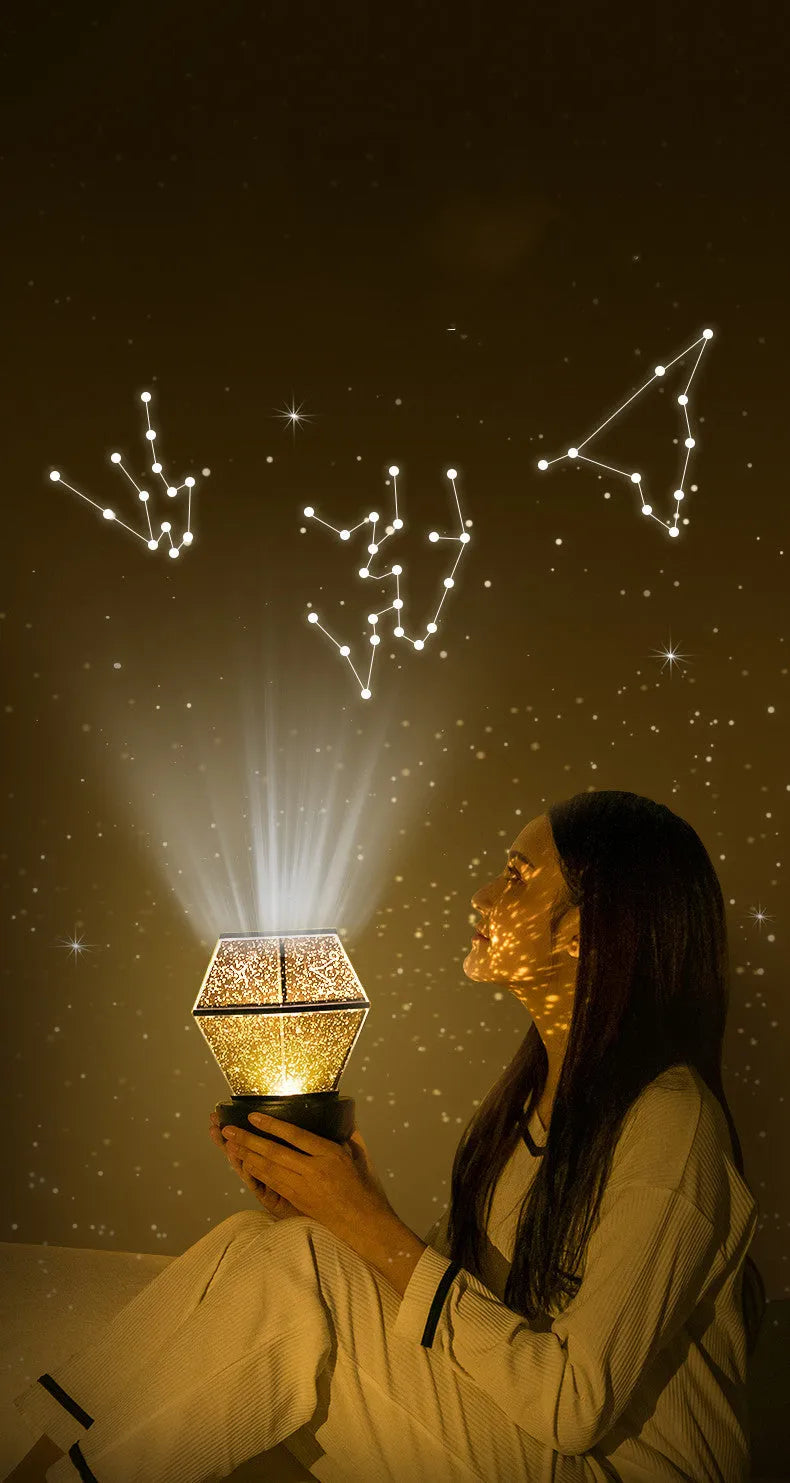 Battery-powered children's rotating star night light projector showing LED colours on a ceiling.