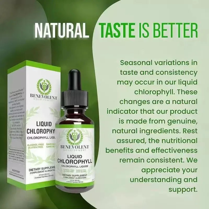 60ml bottle of natural liquid chlorophyll drops with dropper for adult dietary supplementation.