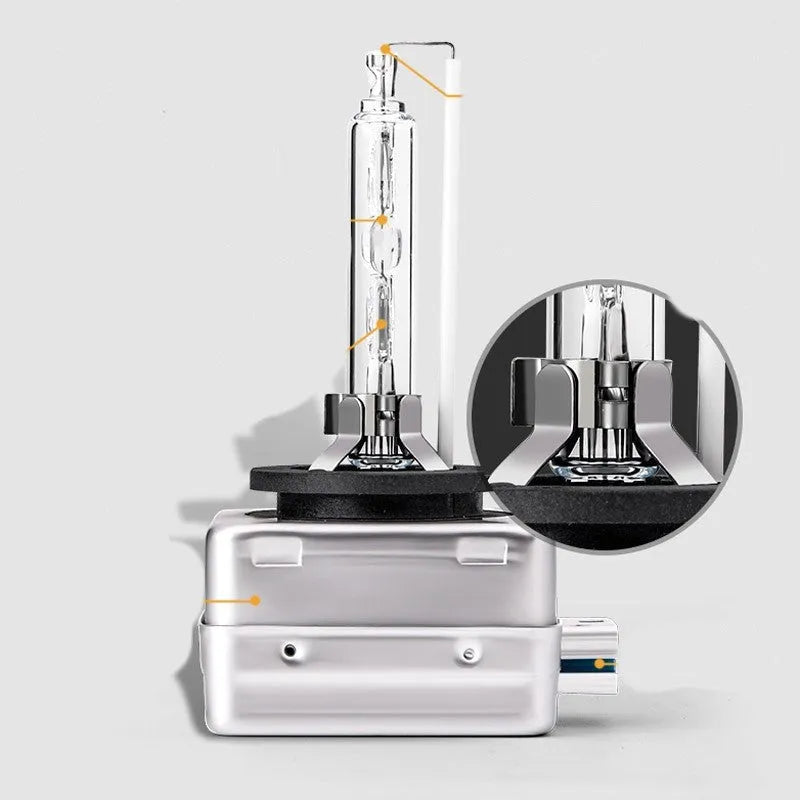 Xenon automotive headlight bulb with aluminium alloy shell for D1S and D1R systems, showing colour temperature options.