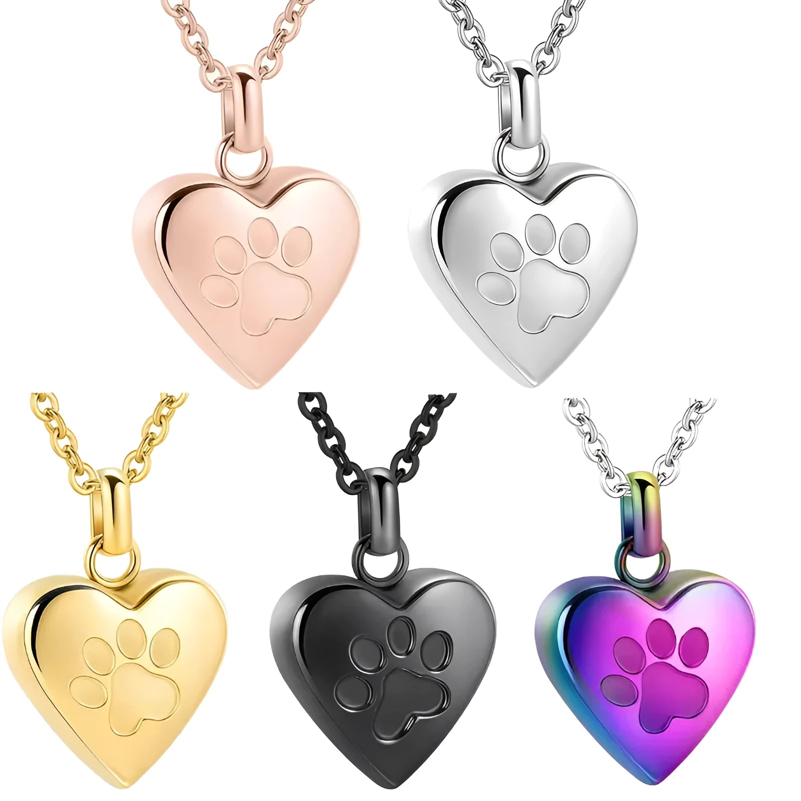 Silver heart-shaped titanium steel necklace with paw print detail and openable compartment.