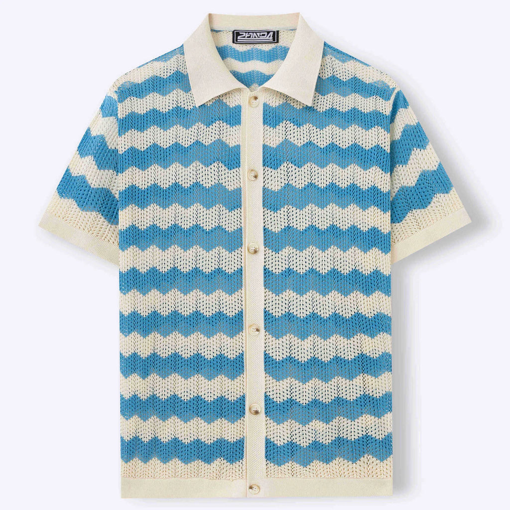 Yellow short-sleeve corduroy sweater with flocked jacquard pattern on a hanger.