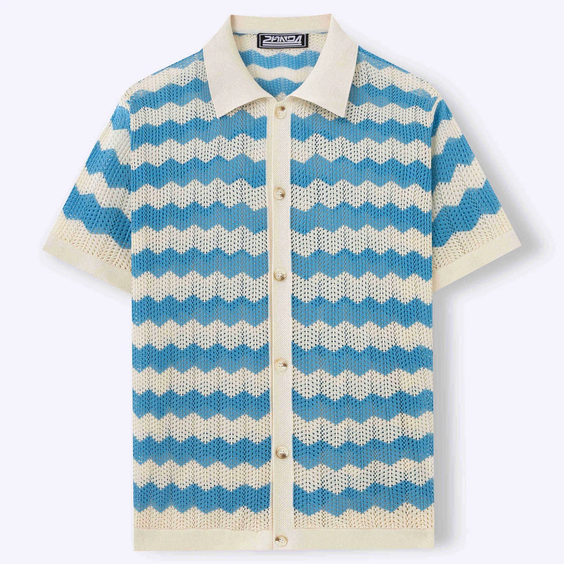 Yellow short-sleeve corduroy sweater with flocked jacquard pattern on a hanger.