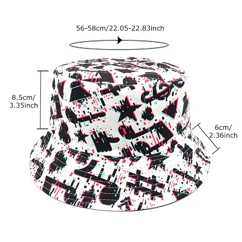 A retro bucket hat with a musical note pattern print, shown in a dome crown style.