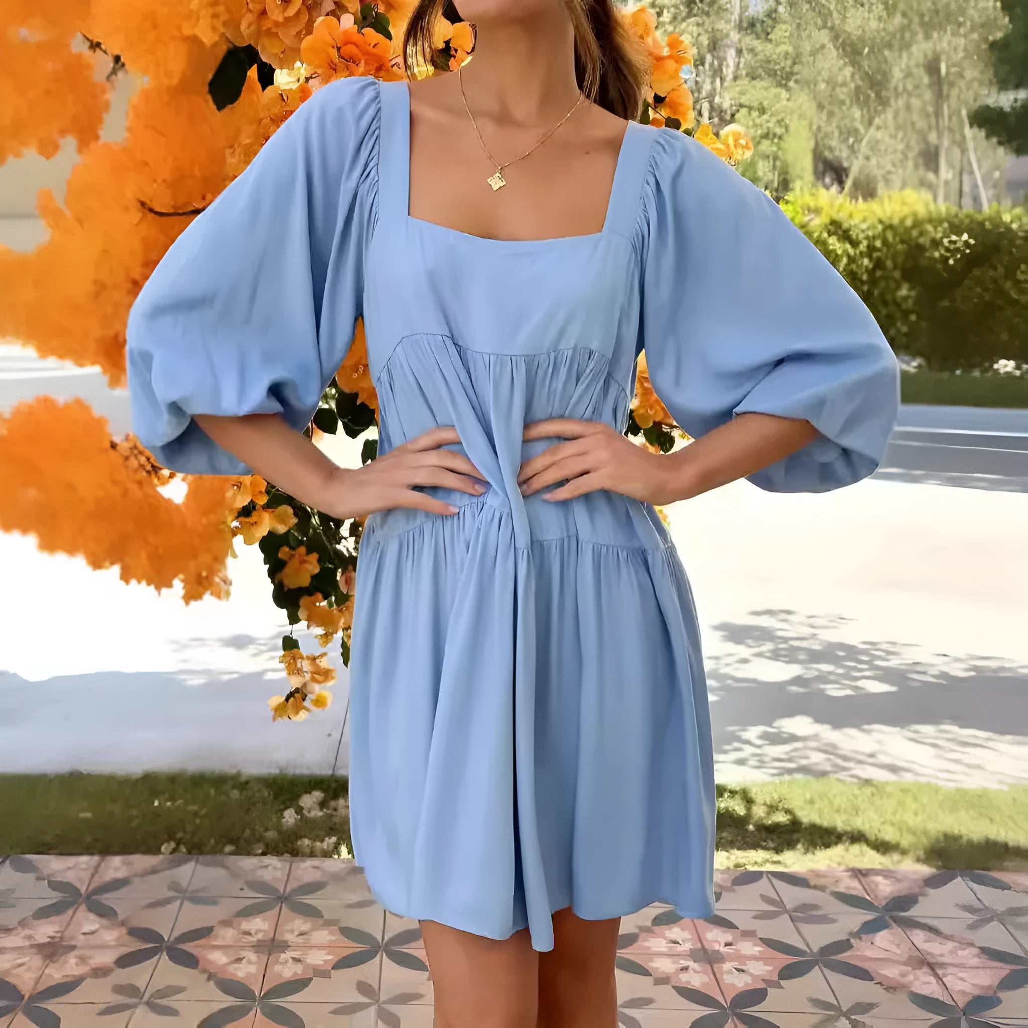 Children's backless dress with square collar and puff sleeves in A-line silhouette