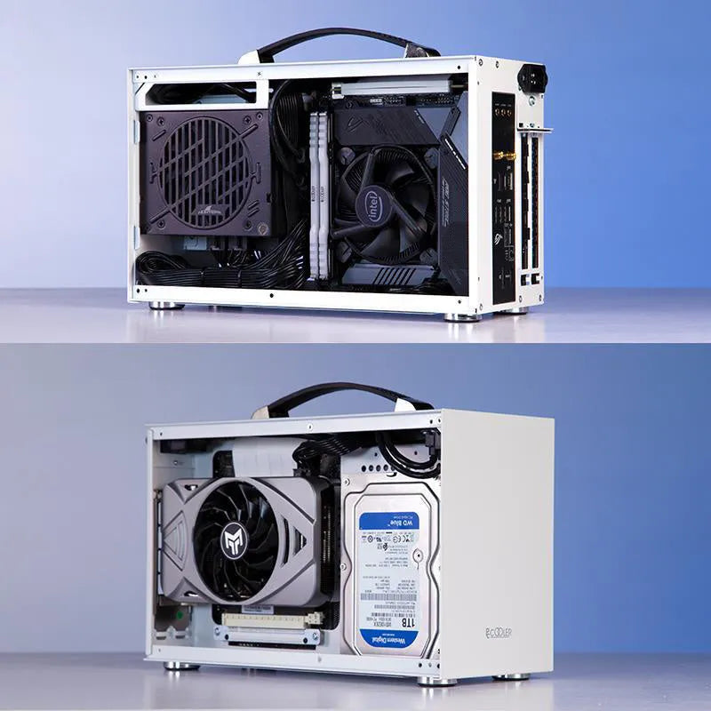 Hummingbird PRO ITX desktop computer case in titanium grey and white colour options