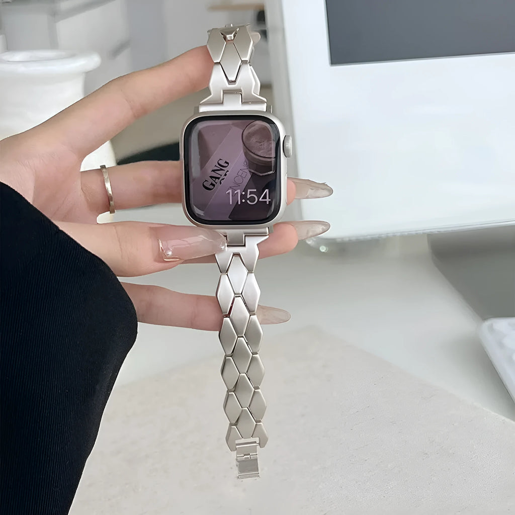 Metal chain steel band diamond strap for Apple Watch in silver colour on a white background