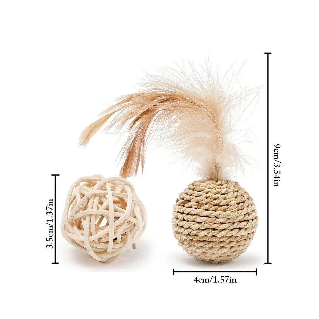 Two cat ball toys: rattan ball with bell and faux feather ball with coloured feathers for interactive play