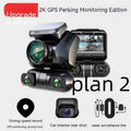 Black multi-lens car dashboard camera with a 2-inch screen, showing dimensions of 102mm by 104mm.