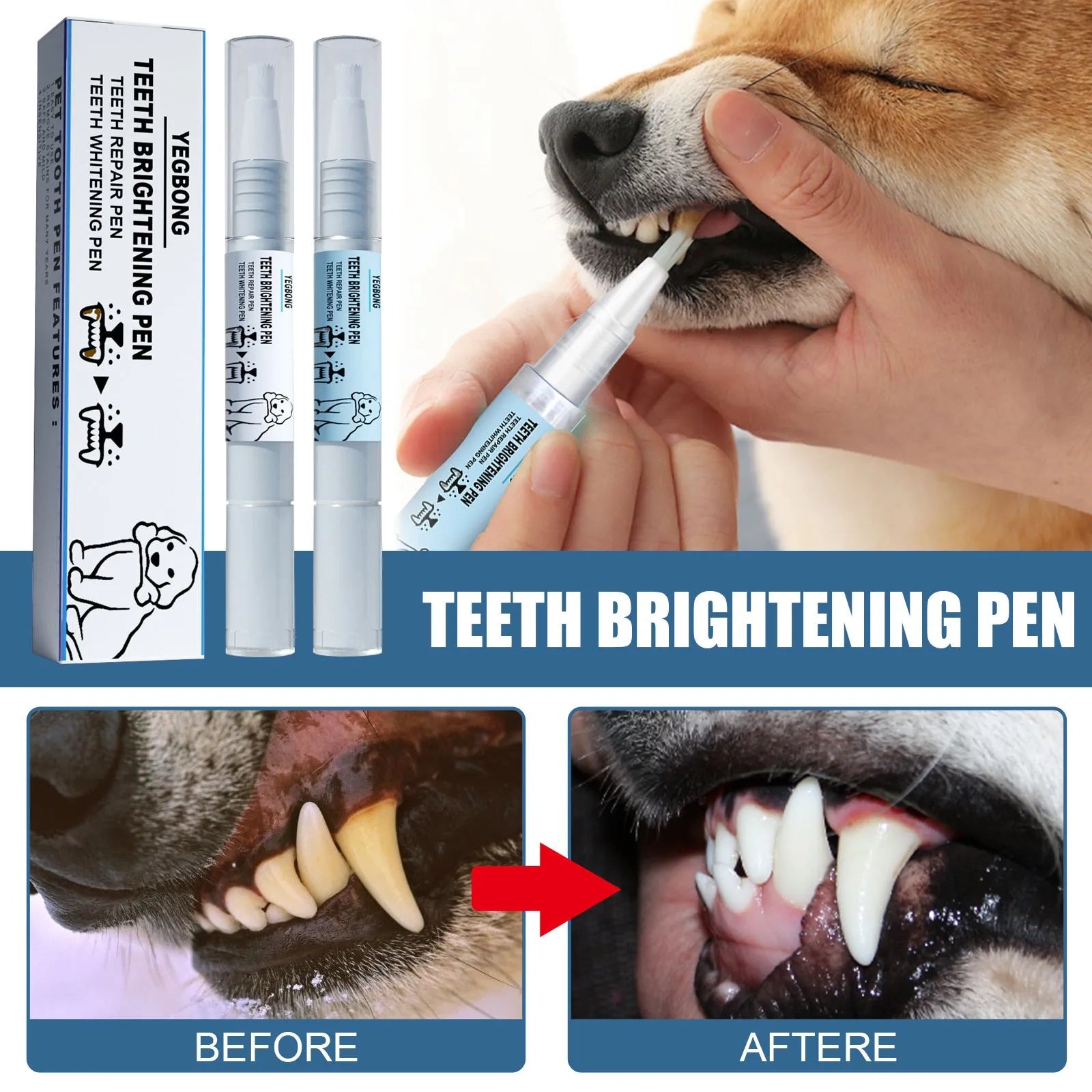 Yegbong white pet teeth whitening pen with two dental brushes for dog and cat tartar removal