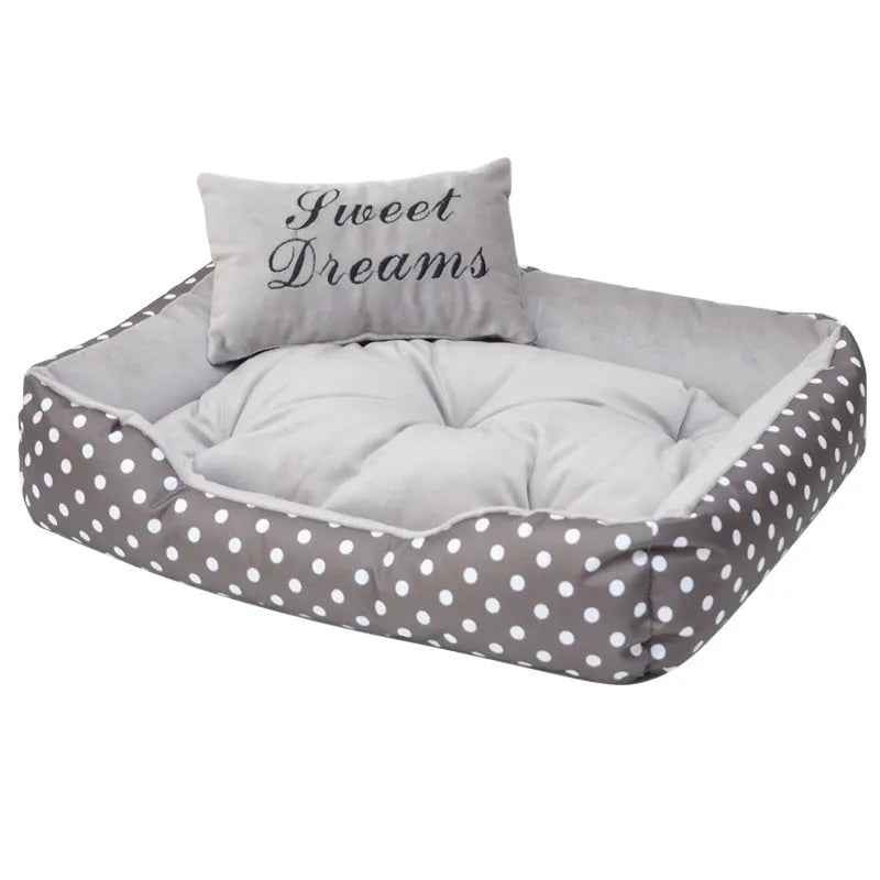Polka dot printed small dog bed with detachable square pillow in grey, blue, pink, or red colour options
