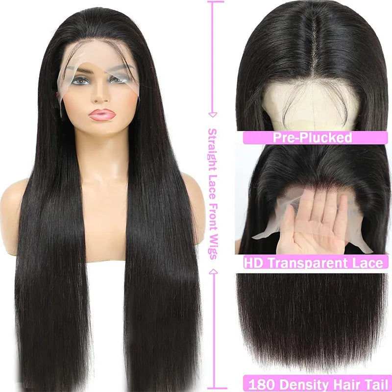 Straight black human hair wig with HD transparent lace front in 13x6 size