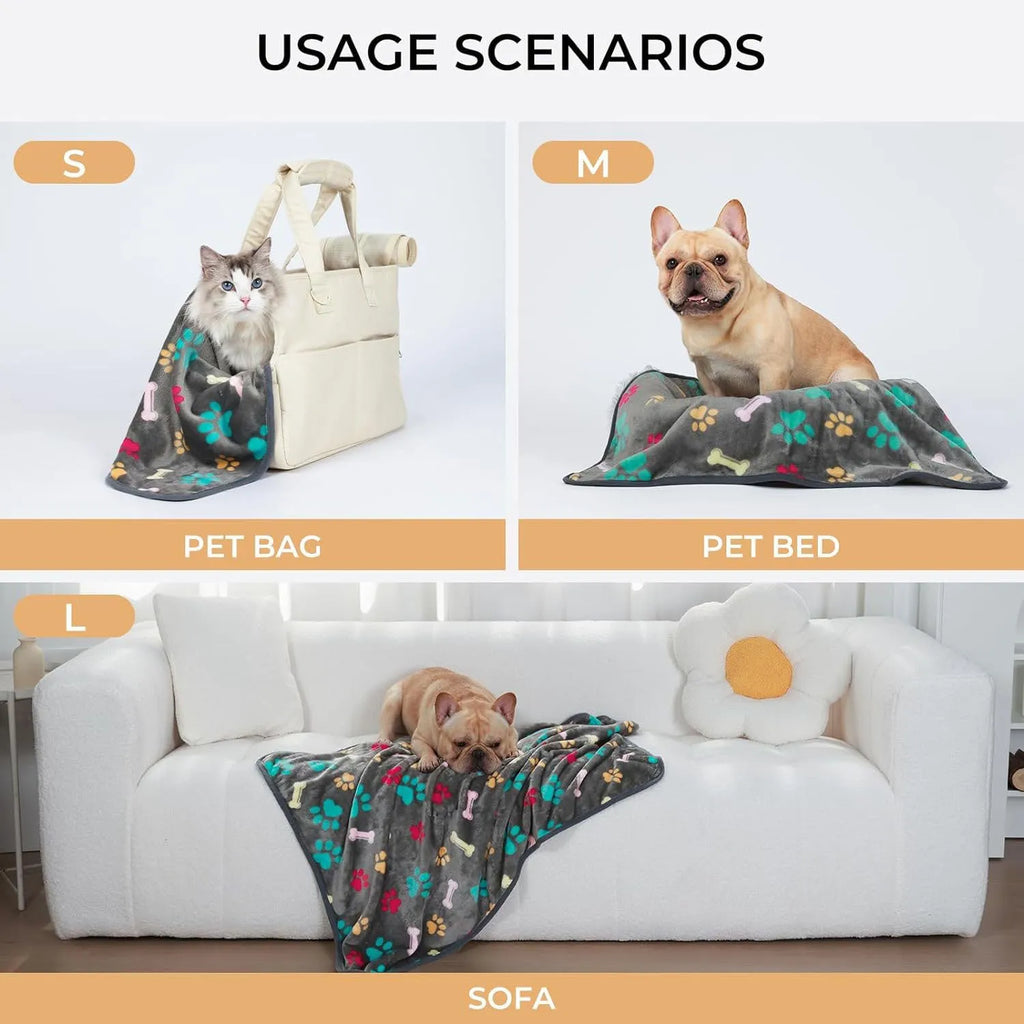 Soft cloth pet blanket with confetti bone and paw print pattern in beige colour on a light background