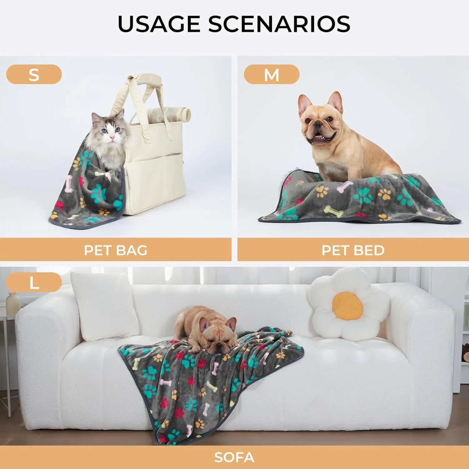 Soft cloth pet blanket with confetti bone and paw print pattern in beige colour on a light background