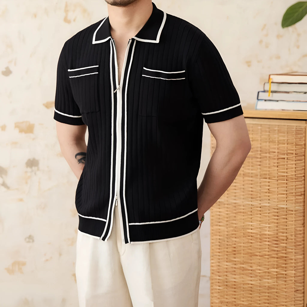 Men's slim fit black lapel polo shirt with short sleeves on a hanger