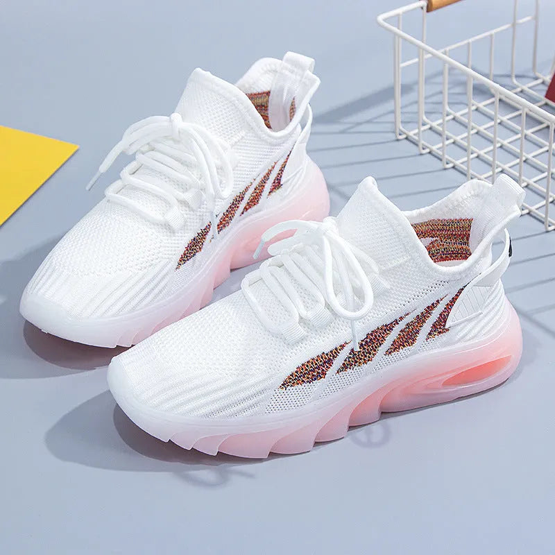 Women's sports casual shoe in white with cowhide leather upper, round toe, and high-top opening.