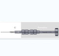 Precision screwdriver with grenade-shaped handle and multiple bits for iPhone and electronics repair.