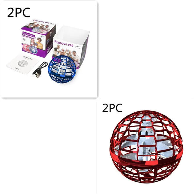 Blue spinning flying ball toy with LED lights hovering above a child's hand, with a magic wand accessory beside it.