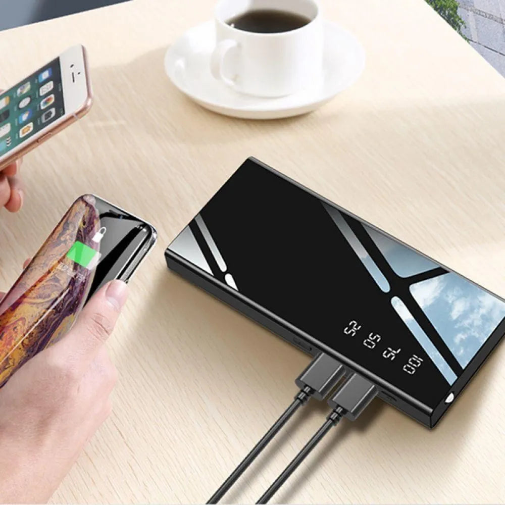20000mAh power bank with LCD display showing battery percentage, dual USB ports, and compact black design