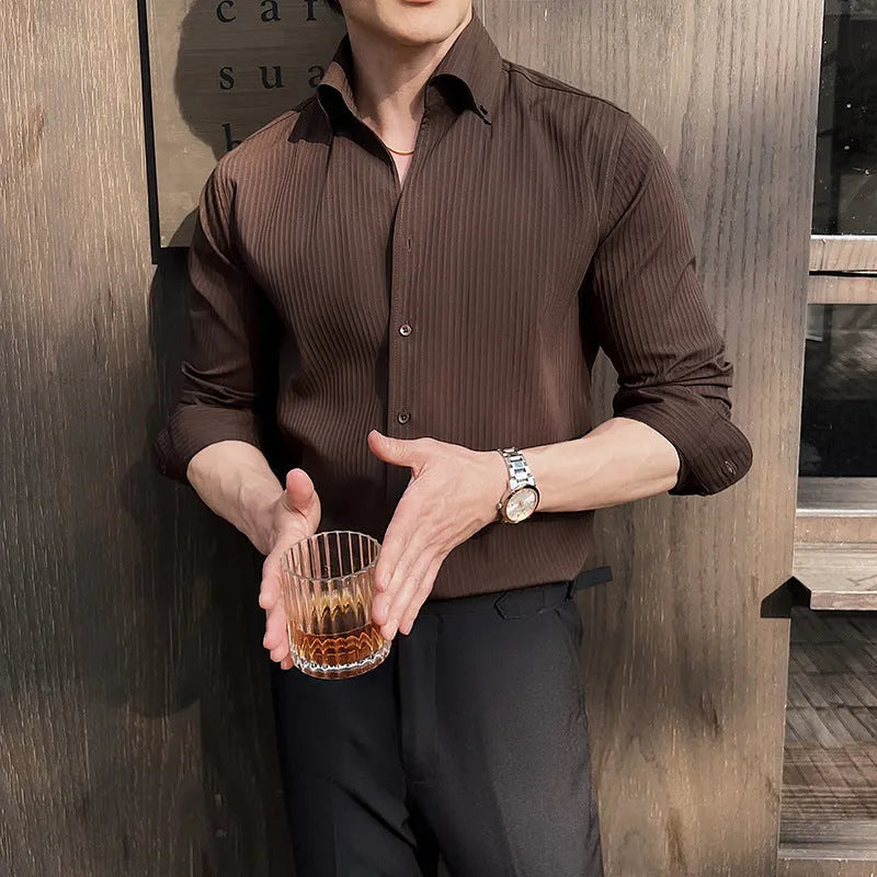 Men's dark striped V-neck long sleeve shirt in polyester blend fabric