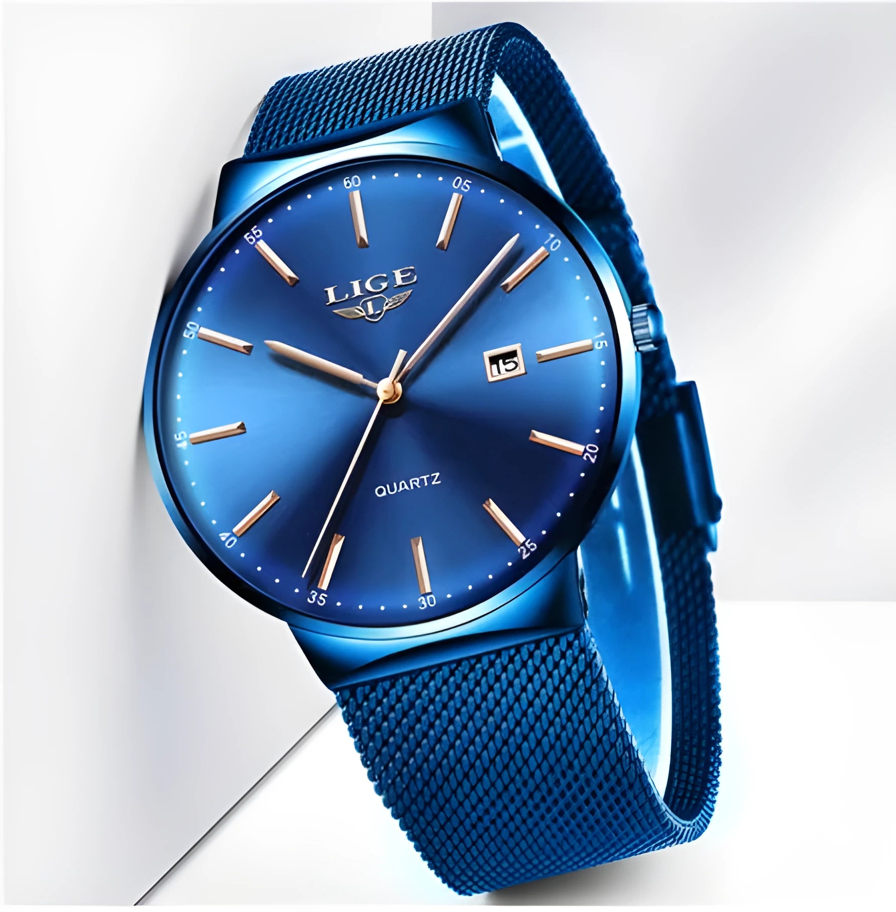 Men's stainless steel watch with 40mm dial on a wrist, showing slim profile.