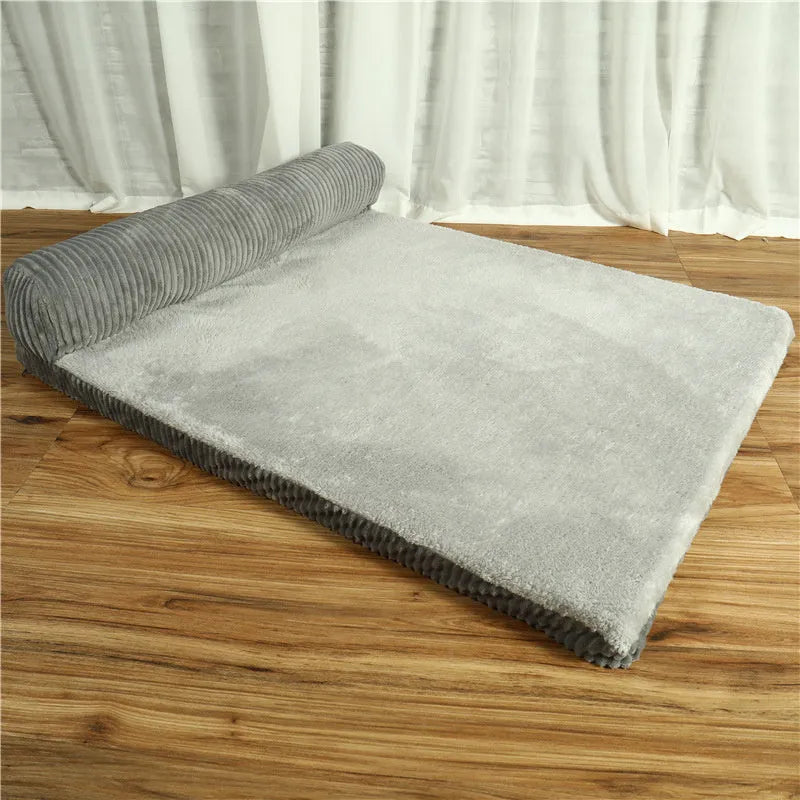 Corduroy dog sofa bed with bolsters in grey colour showing high-density sponge construction