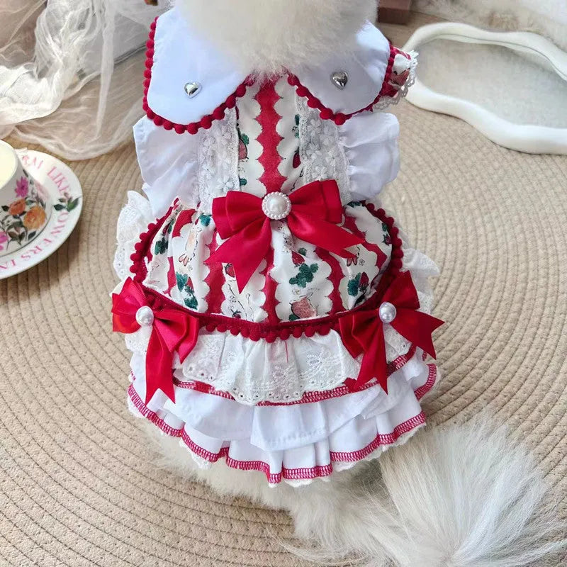 White rabbit skirt princess dress for a small dog on a mannequin, showing the tiered skirt design.