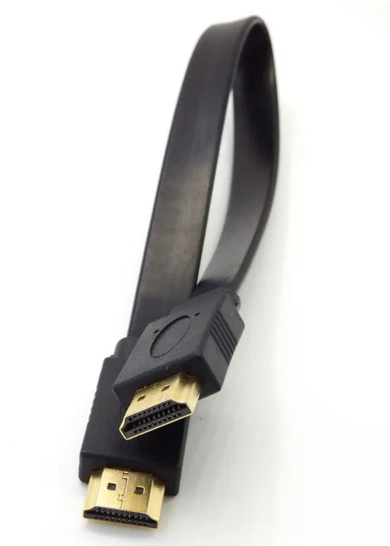 Flat white HDMI cable with connectors on a grey background.