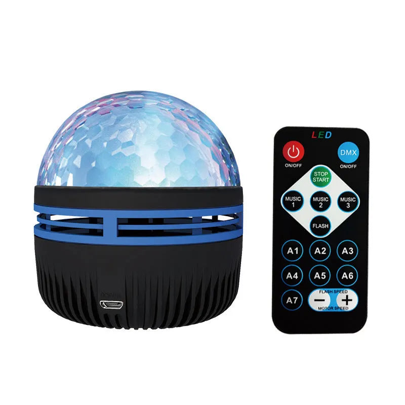 LED galaxy projector lamp with rotating star patterns and USB power cable